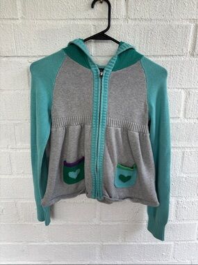 Girls Kids Hooded Zip Sweater Jacket in Gray and Teal Pom Pom on Hood sz XL/12